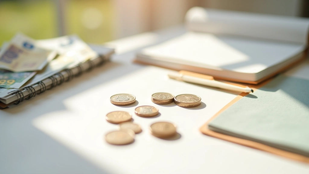 Pièces de monnaie et billets organisés sur une table lumineuse avec notes de planification