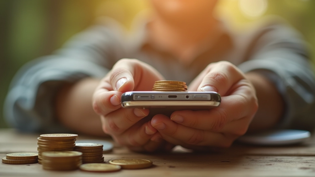 Mains tenant des pièces de monnaie et téléphone mobile