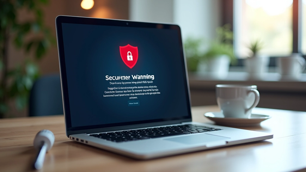Écran d'ordinateur montrant un avertissement de sécurité, en arrière-plan des graphiques de données cybernétiques