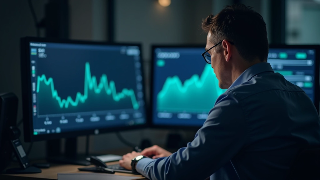 Graphique sur écran d'ordinateur montrant l'évolution d'un portefeuille d'investissement, mains analysant les données financières, bureau avec plusieurs écrans