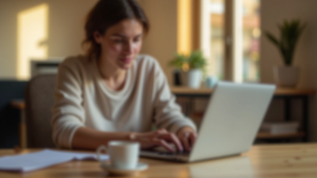 Personne utilisant un ordinateur portable dans un cadre sécurisé, à domicile, avec des mesures de sécurité visibles