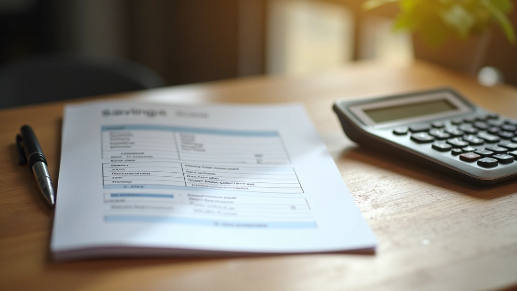 Livret d'épargne bleu avec stylo, calculatrice affichant des chiffres, documents financiers empilés, table en bois clair, lumière naturelle du matin