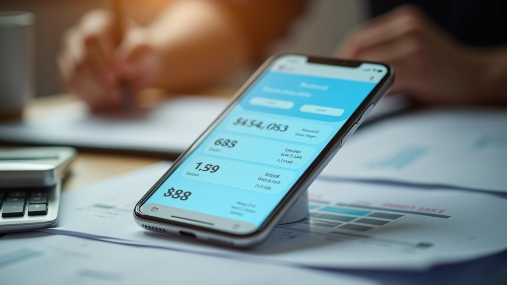 Smartphone affichant une application bancaire avec des statistiques de budget, sur un bureau avec documents financiers