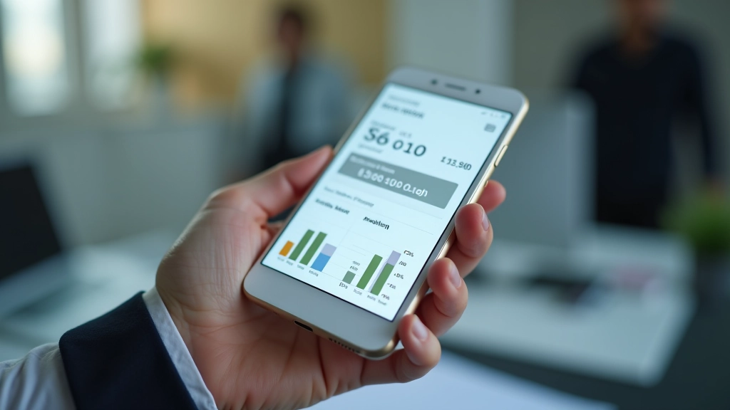 Smartphone avec application bancaire ouverte montrant les statistiques de budget personnel