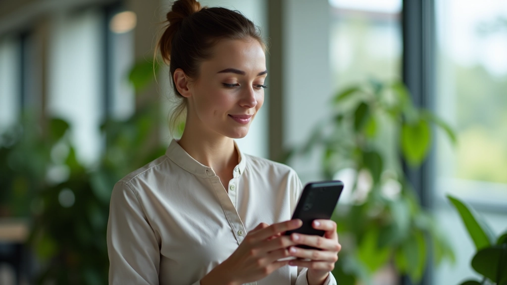 Femme regardant son téléphone avec application de gestion financière, environnement de bureau moderne avec plantes vertes