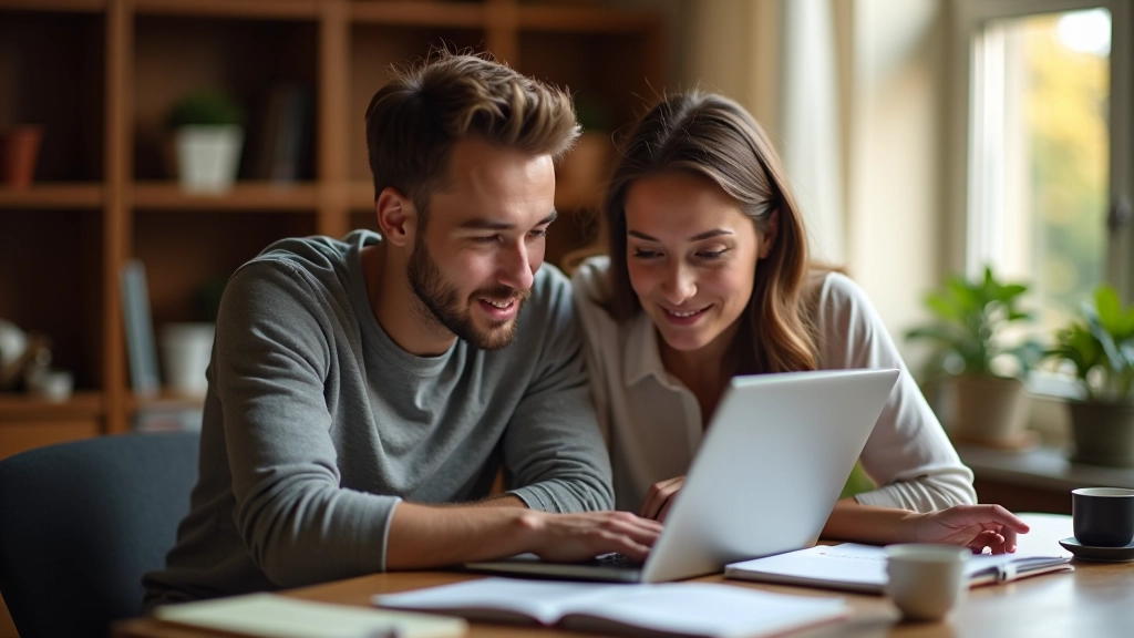 Couple jeune consultant leur budget sur laptop
